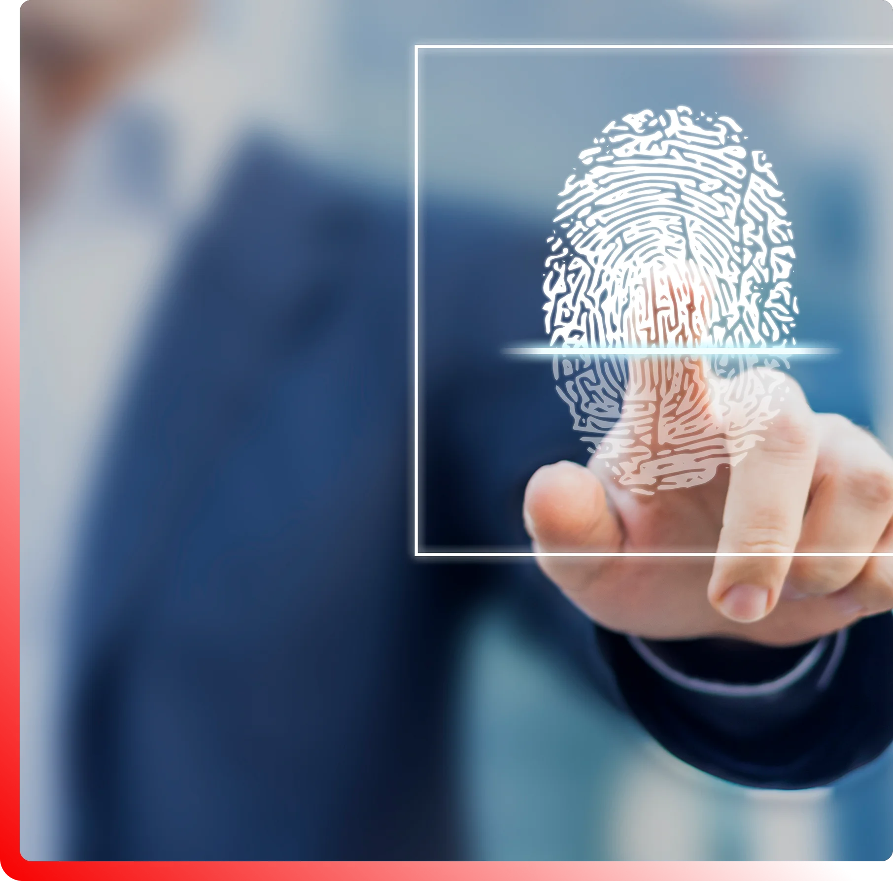A person presses a finger on a transparent screen displaying a digital fingerprint.
