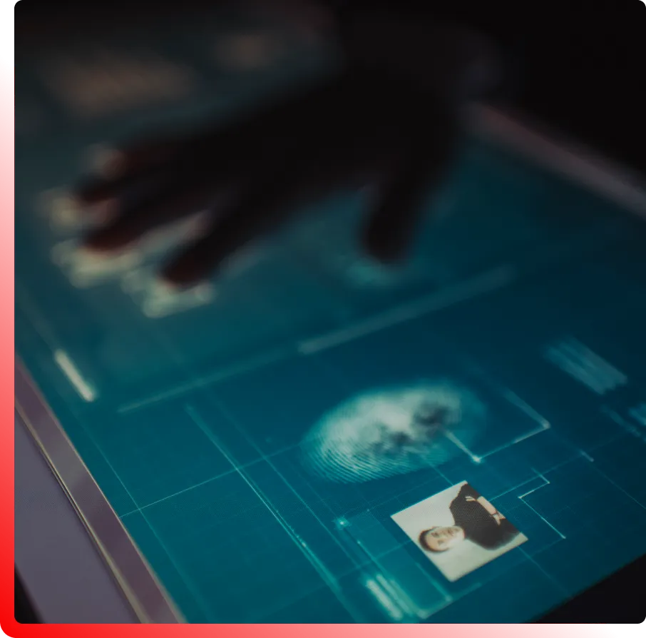 A hand interacts with a touchscreen displaying biometric data, including a fingerprint and a photo ID.
